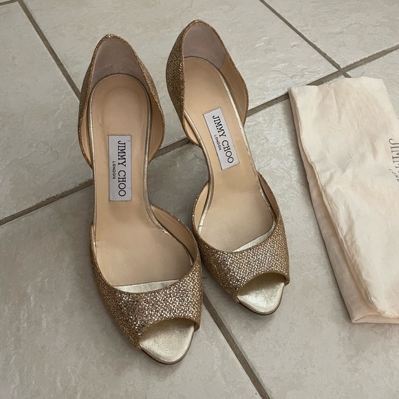 Jimmy Choo Shoes - Jimmy Choo sparkly gold open toe heels 6.5